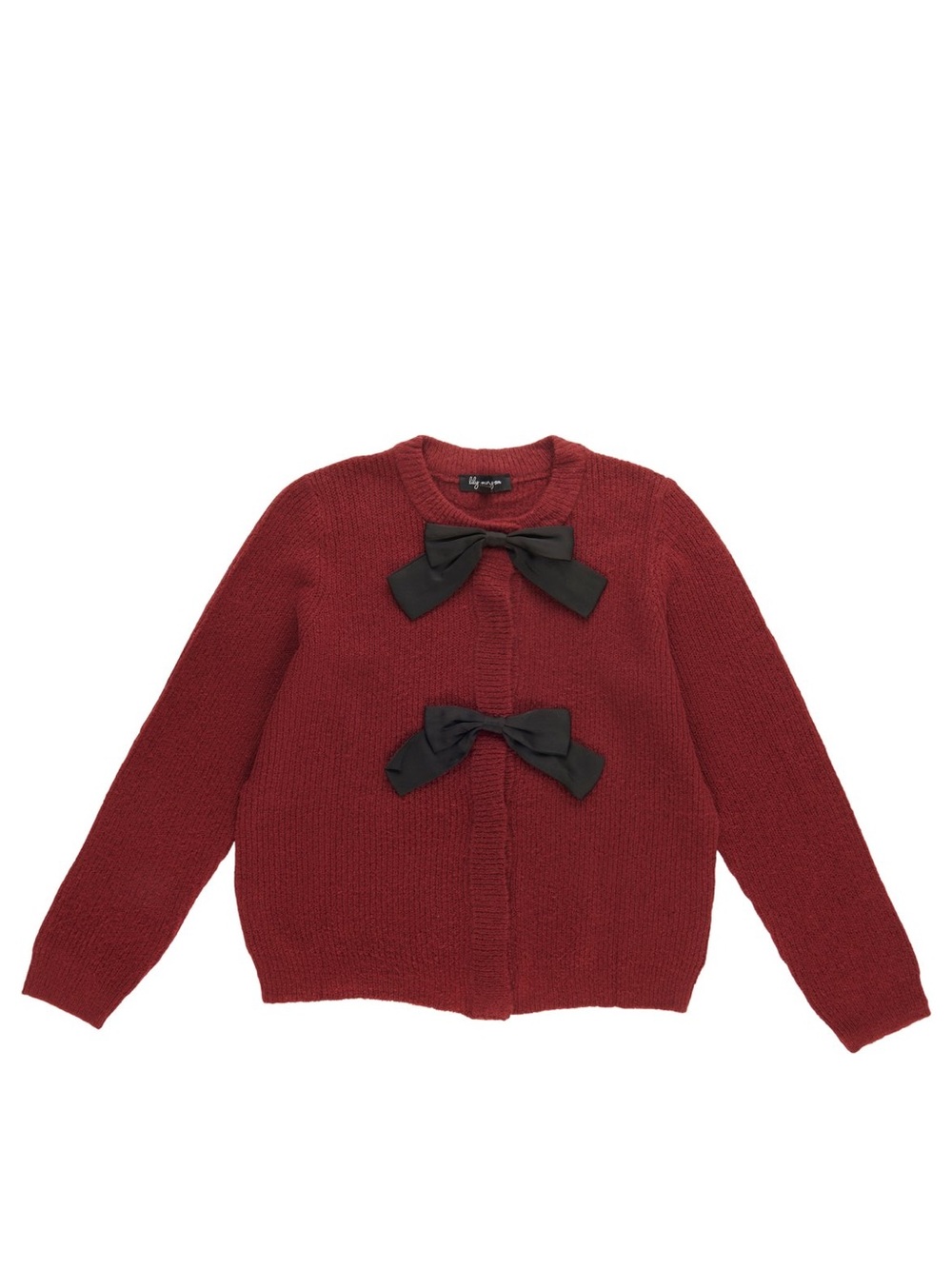 Red Bow Accent Crewneck Cardigan Sweater